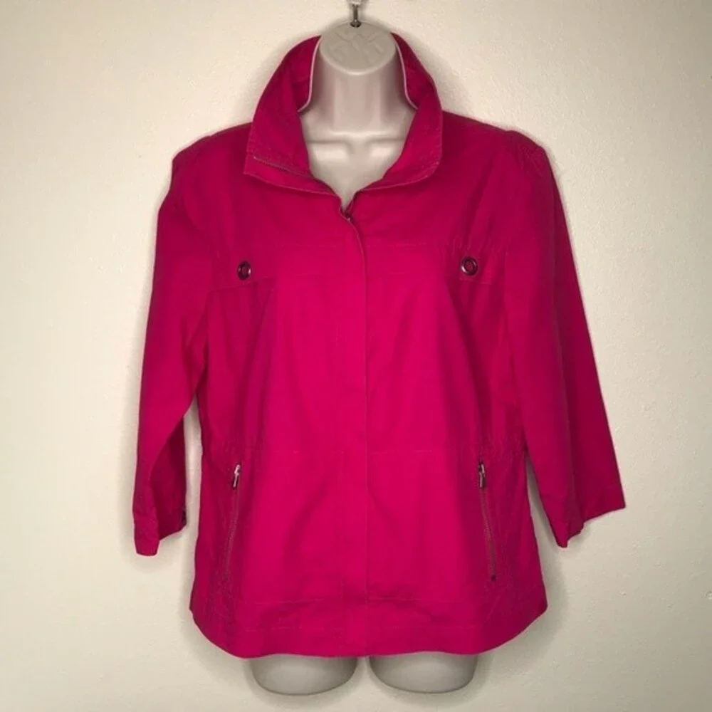 Chicos Bright Pink 3/4 Sleeve Convertible Collar Jacket Ripstop Women Medium